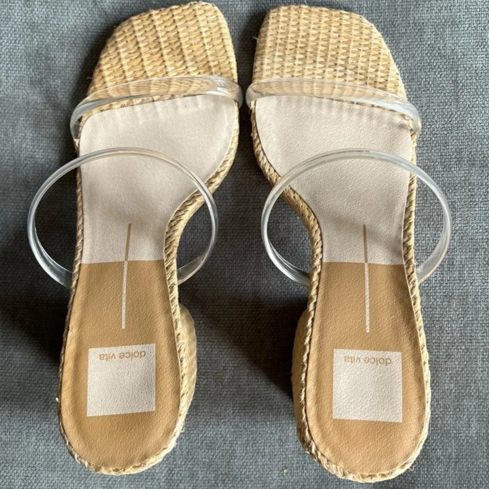 Dolce Vita Natie rattan straw block heel clear strap sandal tan size 7 - Picture 4 of 6